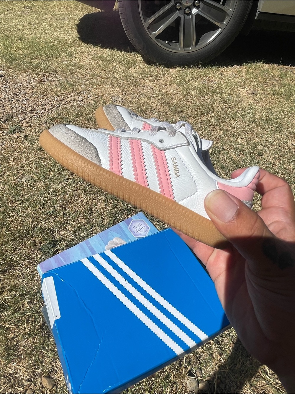 adidas Kids Samba Sneakers - White with Pink Accents and Gum Sole